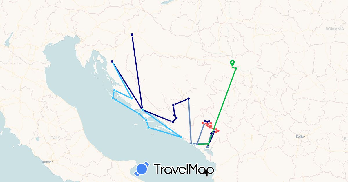 TravelMap itinerary: driving, bus, plane, cycling, hiking, boat in Bosnia and Herzegovina, Croatia, Montenegro, Serbia (Europe)